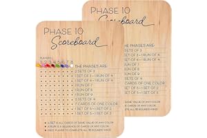 JEVUOYEE Phase 10 Score Board, Wooden Phase 10 Scoreboard with 8pcs Round Colored Tracker Pegs, Phase 10 Score Sheets, Fun Table Board Card Games for Family Party Family