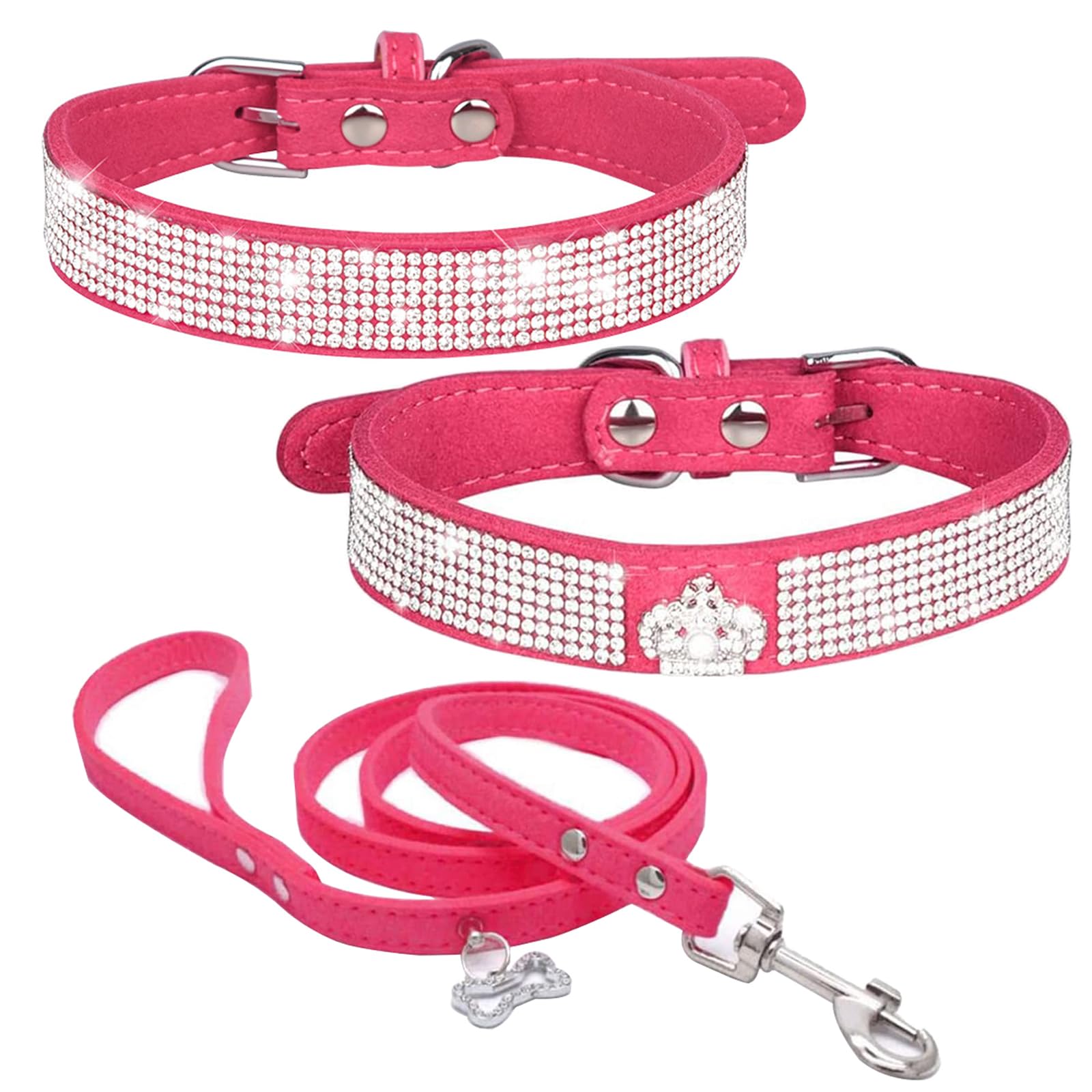 HALFSUMO Rhinestone Dog Collar Soft Velvet Leather Collar Dog Leash Combo Set Diamond Studded Bling Adjustable Puppy Collar for Small Medium Dogs Cats Rose XS