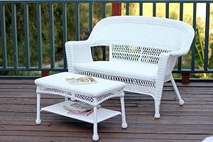 Jeco W00206-LCS Wicker Patio Love Seat and Coffee Table Set Without Cushion, White