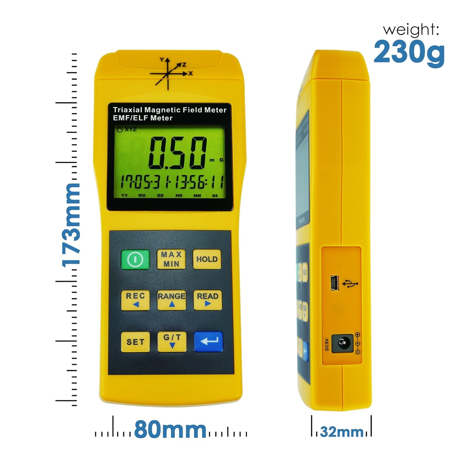 Medidor de campo magnético triaxial 2000Hz EMF ELF digital de 3 ejes Medidor de datos Gauss Meter 2000mG con software USB para PC, detector de campo ...