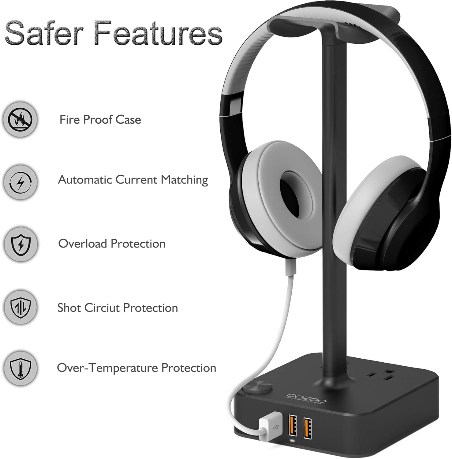 Headphone Stand with USB Charger COZOO Desktop Gaming Headset Holder Hanger with 3 USB Charger and 2 Outlets - Suitable for Gaming, DJ, Wireless Earphone Display (Black): Electronics