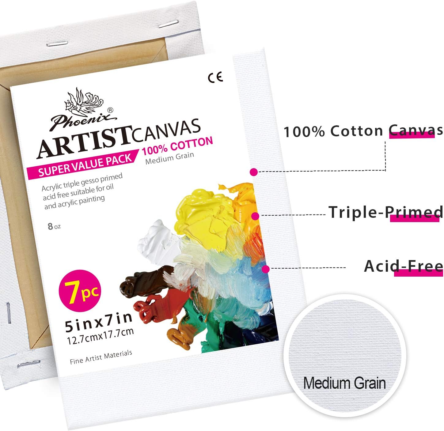 PHOENIX White Blank Cotton Stretched Canvas Artist Painting - 5x7 Inch / 7 Pack - 5/8 Inch Profile Triple Primed for Oil & Acrylic Paints