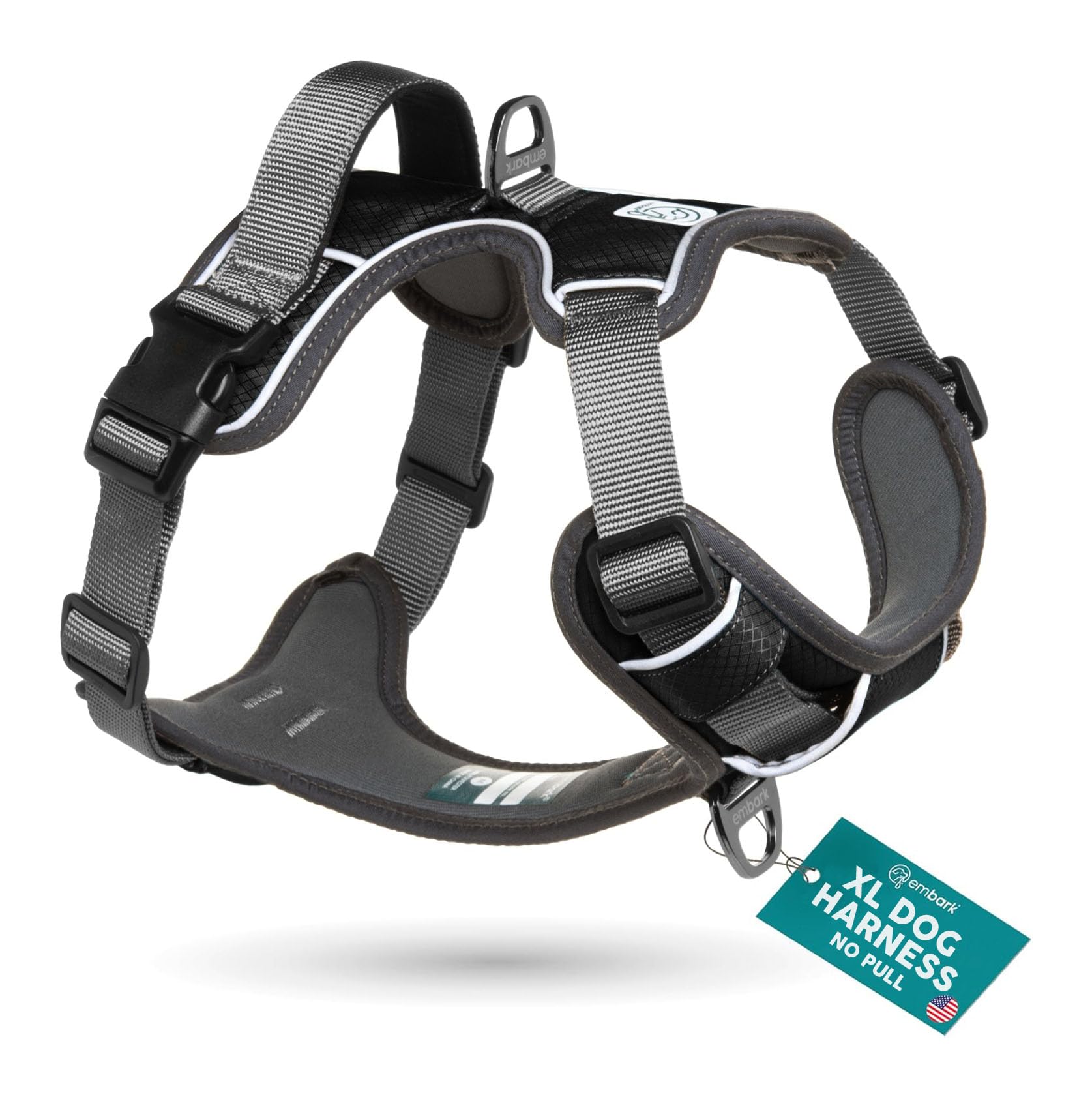 Embark Pets Adventure Dog Harness, Easy On and Off with Front and Back Lead Attachments & Control Handle - No Pull Training, Size Adjustable and No Choke (XL Black)