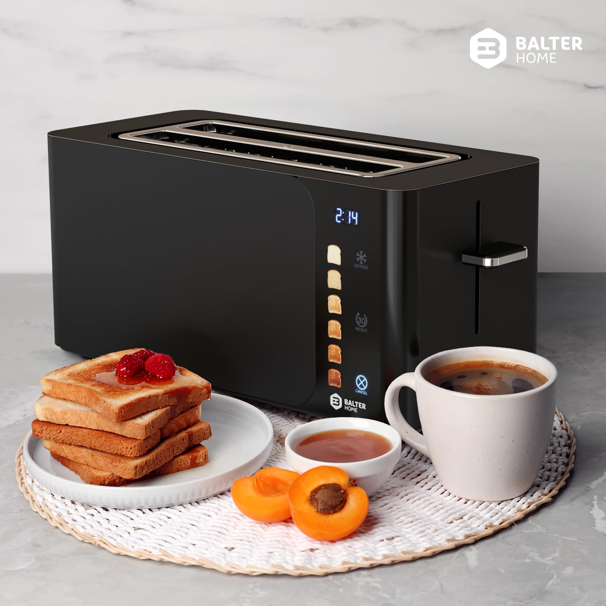 Balter Toaster 4 Scheiben, Touch Bedienung, Langschlitz, Edelstahl, Brötchenaufsatz, LCD Display Langschlitztoaster, Auftaufunktion, Brotzentrierung, TS-44 Schwarz matt 9