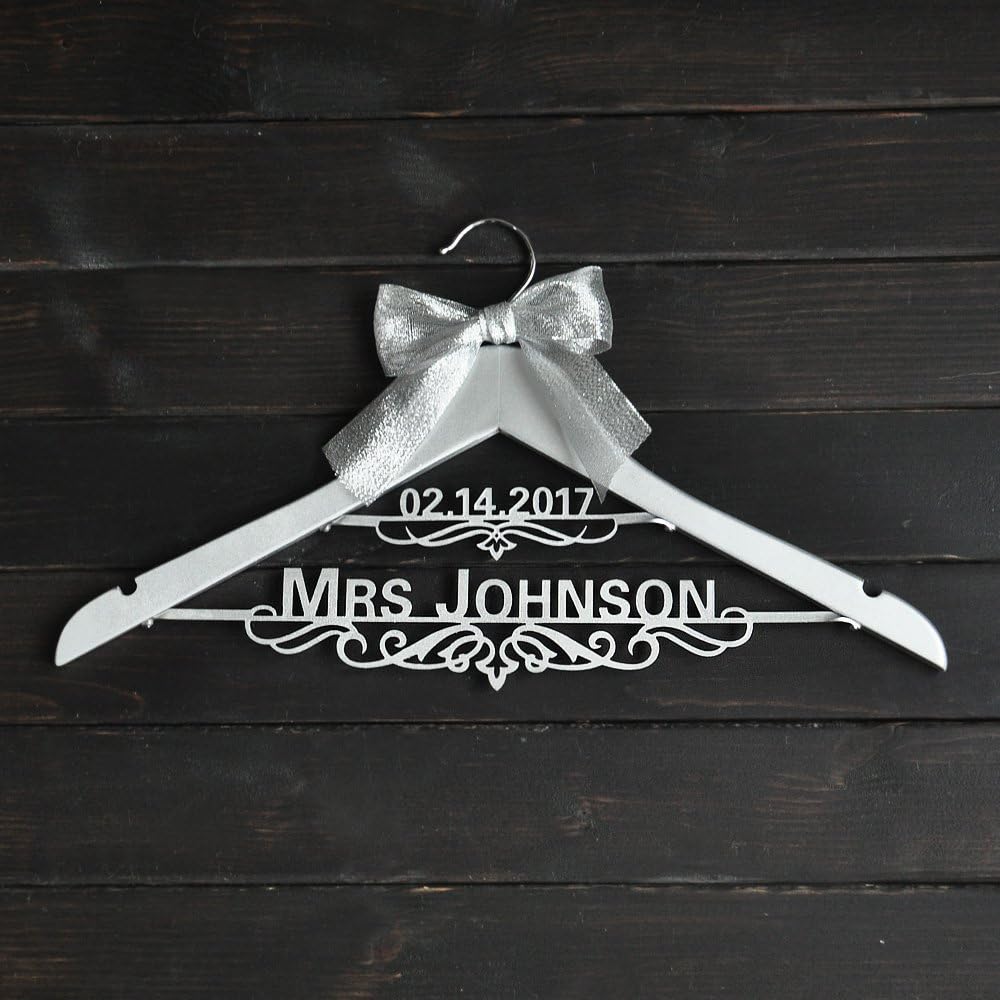 Personalized Wedding Hanger with Date, Silver Hanger,Custom Bridal Bride Bridesmaid Name Hanger, Custom Hanger with Silver Bow, Personalized Wedding Dress Hanger