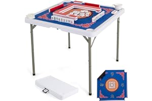 GLACER 35" Foldable Mahjong Table, Portable Card Table w/Anti-Slip Mat & 4 Cup Holders, HDPE Tabletop, Metal Legs & Included Handle for Domino, Poker, Picnic, & Family Gatherings (Blue)