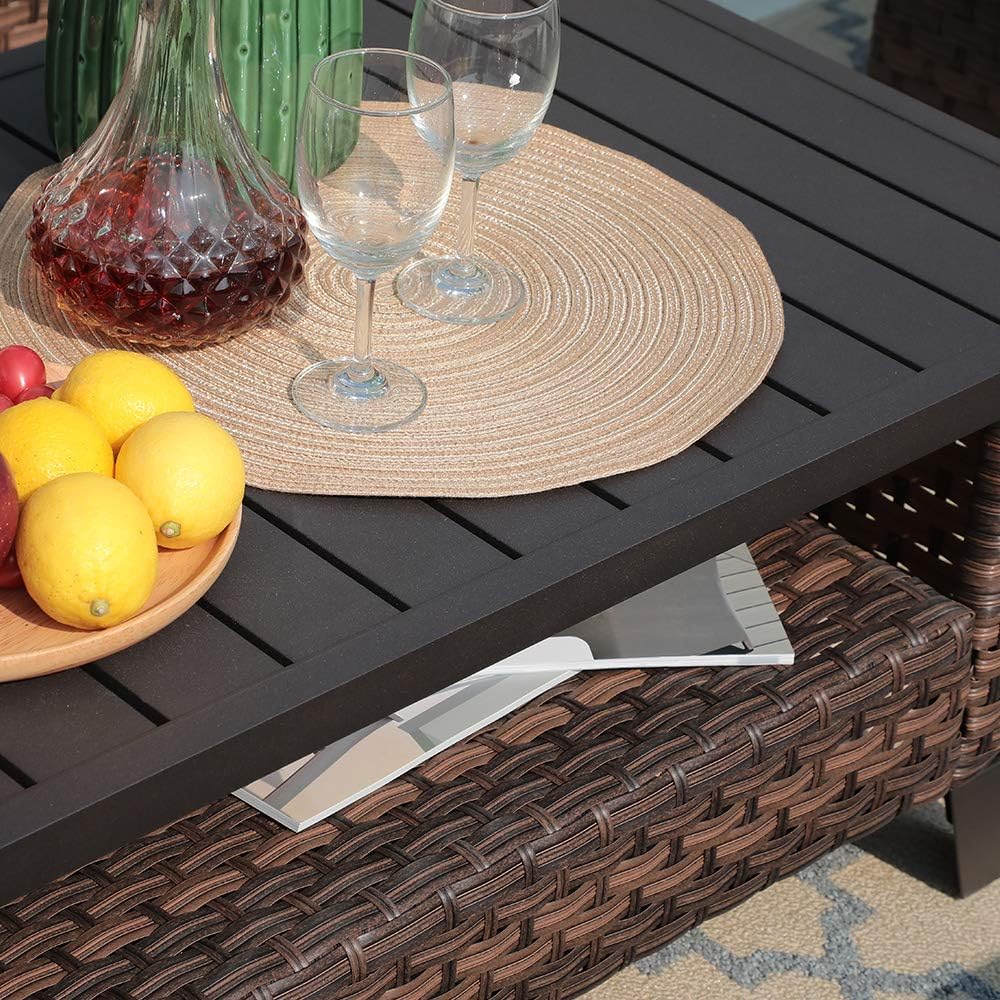 SUNSITT Outdoor Wicker Coffee Table with Waterproof Cover, Brown Synthetic Rattan Wicker Patio Table with Slat Top: Kitchen & Dining