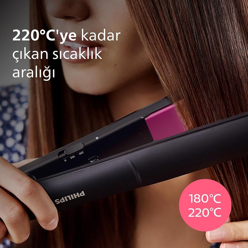 Plancha Alisadora con Placas de Cerámica y Queratina de 100 mm, Cepillo Alisador para Estilizar y Peinar con Tecnología ThermoProtect, hasta 220°C en 1 minuto, en Negro y Rosa, BHS375/00