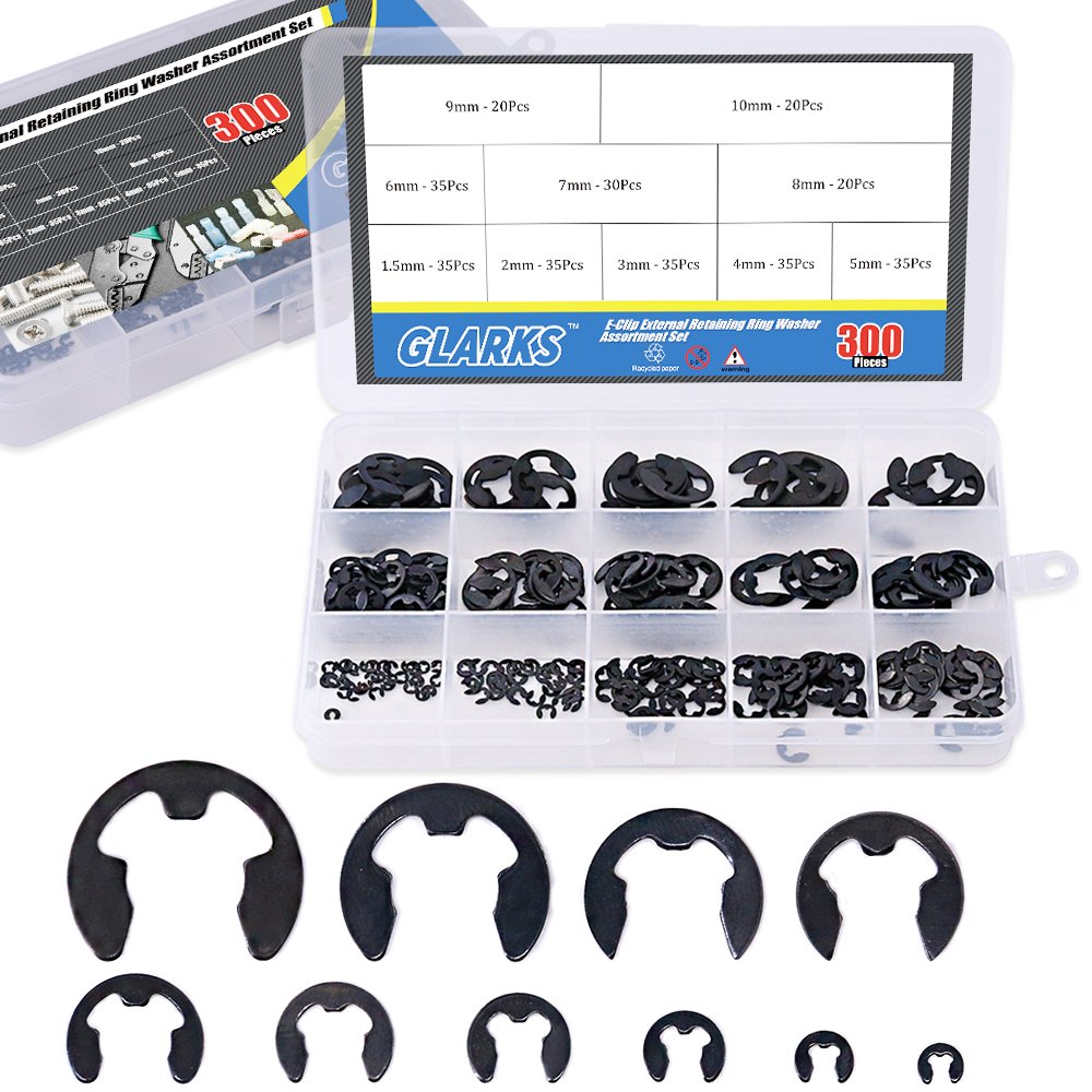 Glarks 300-Pieces 10 Size Black Alloy Steel E-Clip External Retaining Ring Washer Assortment Set