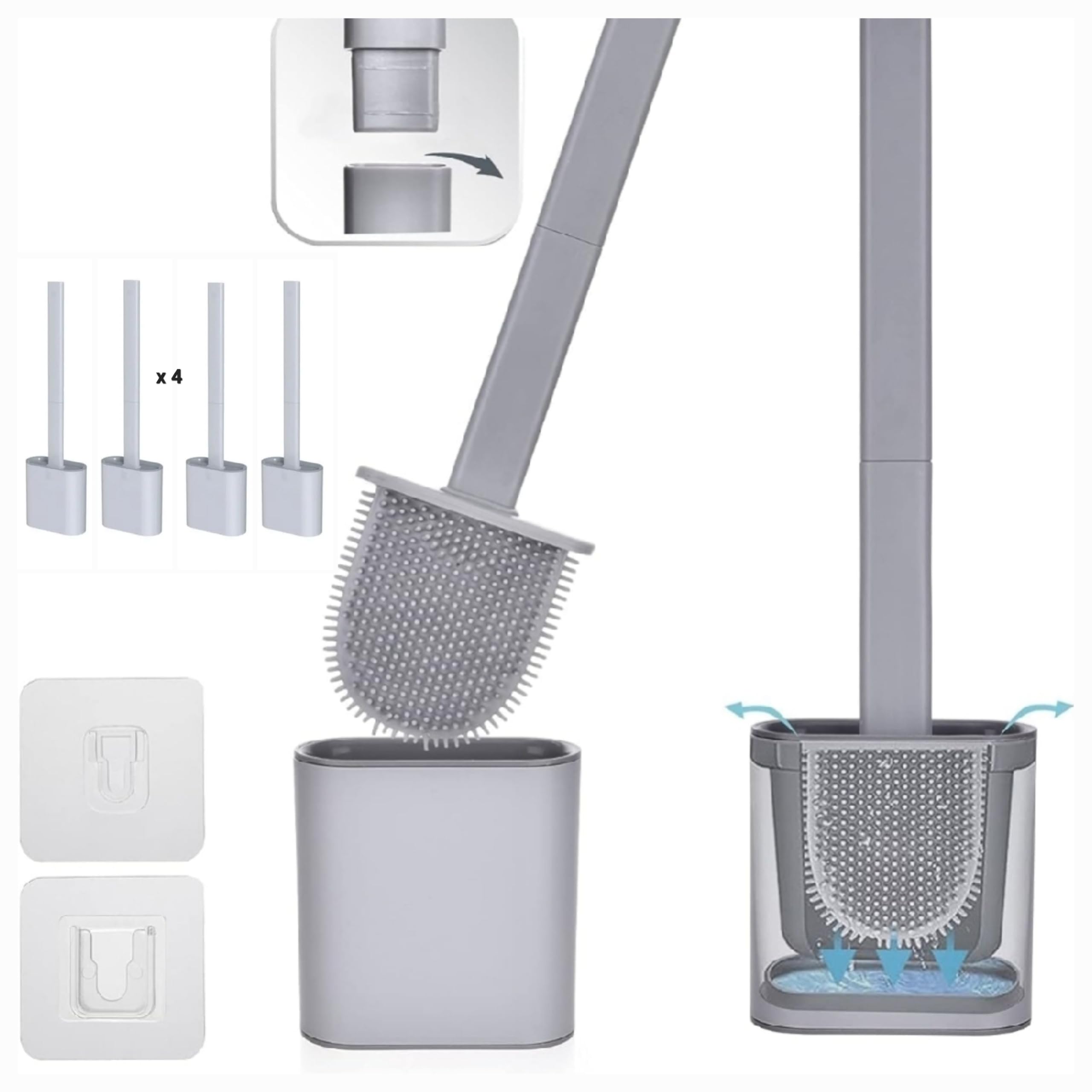 KWIK CLEAN 4 Pack Grey Deep Clean Silicone Toilet Brush & Quick Dry Anti-drip Holder, Flexible No scratch Bathroom Brush Non-Slip Handle Durable Toilet Brush Set With Holder