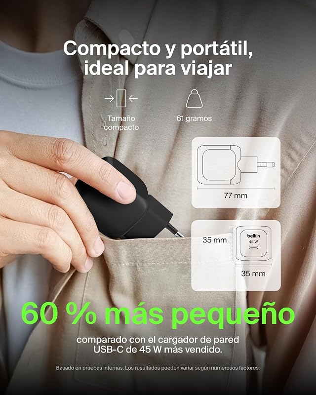 Carregador Rápido Compacto de 45W, Entrega de Energia USB-C para Apple iPhone 17, iPhone 16, Série iPhone 15, Samsung Galaxy S25, Pixel 10, iPad, AirPods e outros - Preto