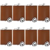 Leather Hip Flask Stainless Steel with Funnel for Gift, Camping, Wedding Party, 8 Oz, Set of 8
