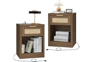 OAKHAM HOME Nightstand Set of 2, Rattan Night Stand with Type-C Charging Station, Bedside Table with Drawer, Boho Bed Side Table End Table Accent Table for Bedroom Living Room (Special Walnut)