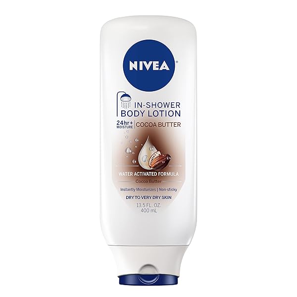 NIVEA COCOA BUTTER IN SHOWER LOTION, BODY LOTION FOR DRY SKIN, 13.5 FL OZ BOTTLE