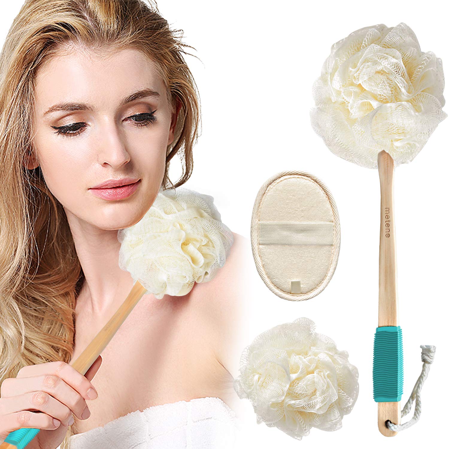 Loofah Sponge Shower Body Brush for Exfoliating 3 in 1 Set Includes Long Handled Back Scrubber, Bath Sponge Luffa Ball and Natural Exfoliator Loofah Pad for Men & Women Body, Face and Spa Washing