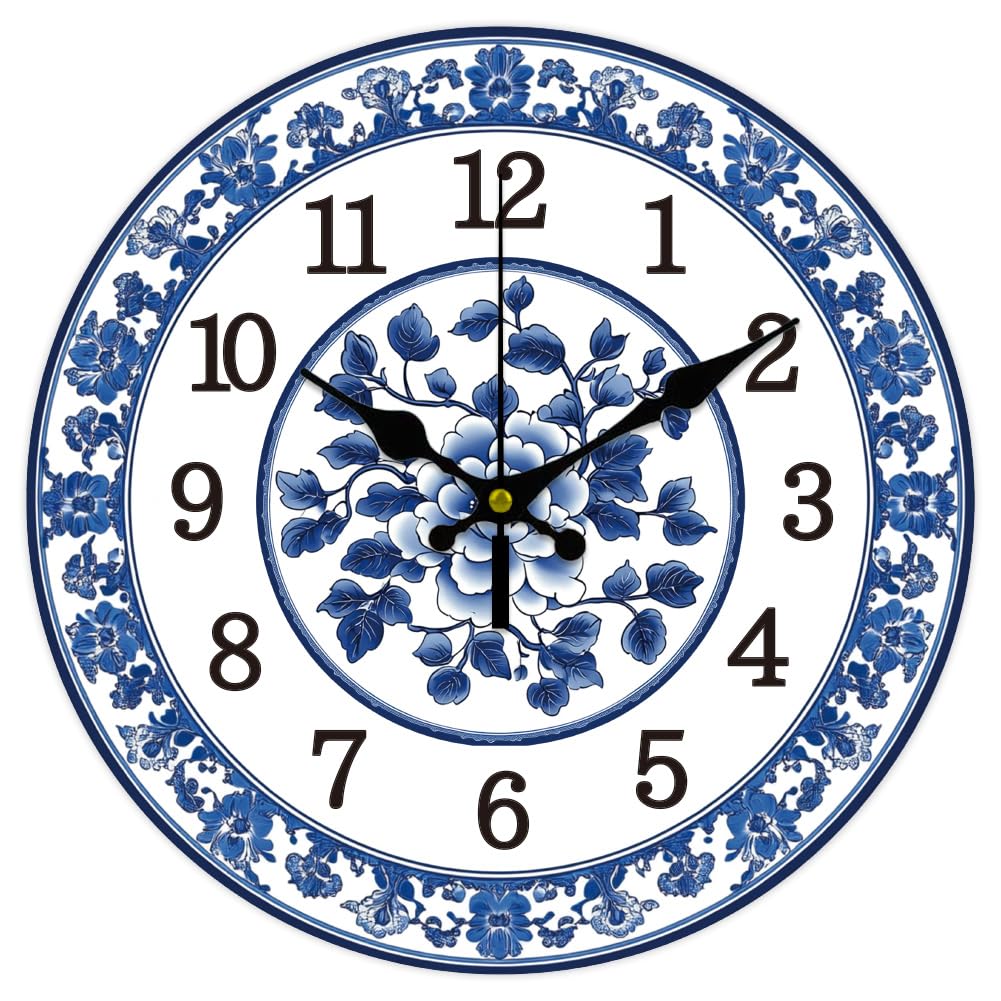 Photo 1 of CHGCRAFT 12inch Blue and White Porcelain Wall Clock Battery Operated Silent Non Ticking Flowers Round Decorative Clock for Office Home Kitchen Decor