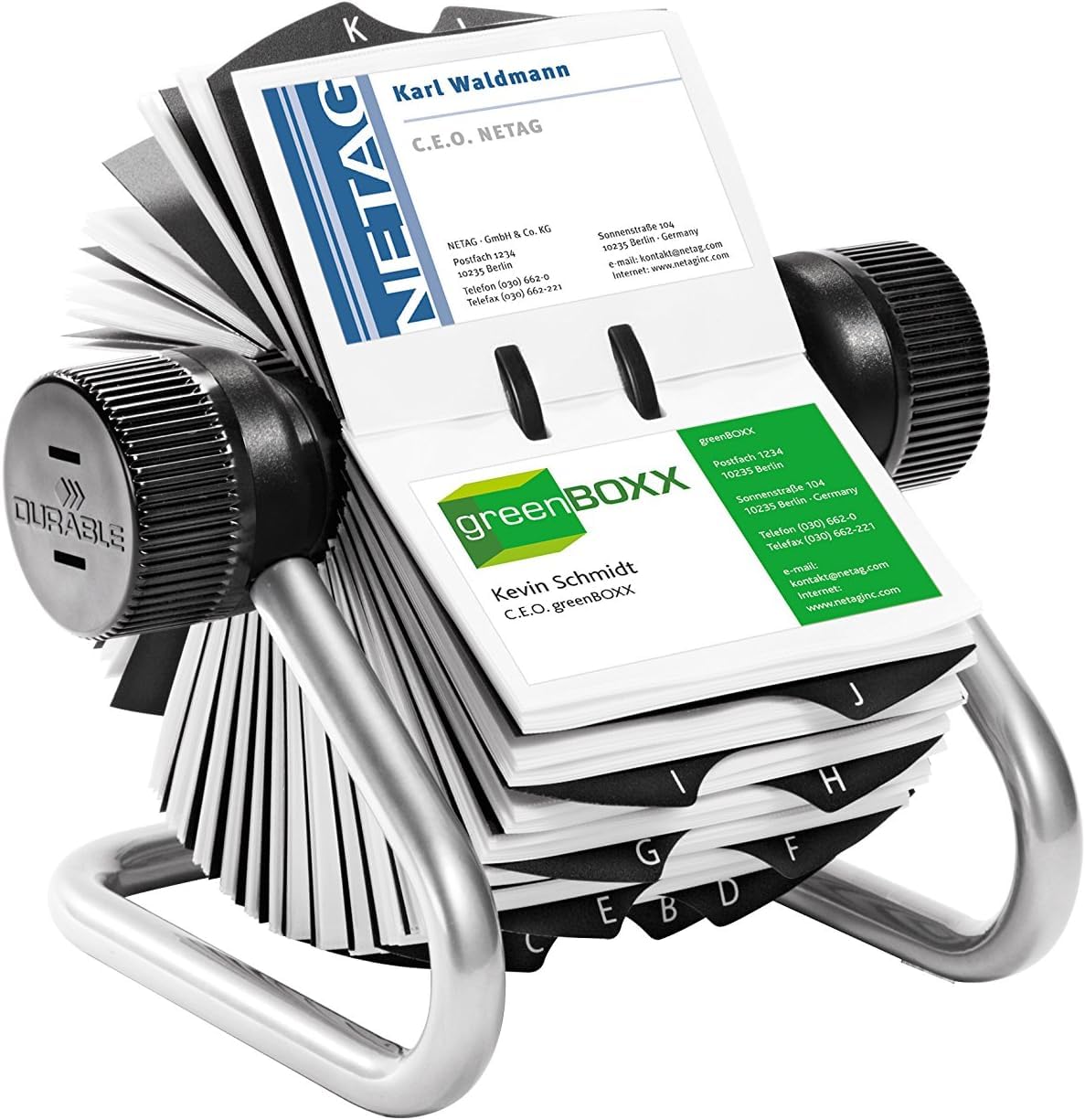 Durable Visifix Rotary Business Card Holder - Holds up to 400 Cards - Includes 25 Tab A-Z Index - Made from Metal - Silver