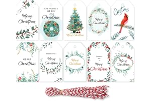 50 PCS Christmas Gift Tags with String, Decoration Tag for Christmas Tree, 10 Different Patterns Xmas Tags Label, Gift Wrappi