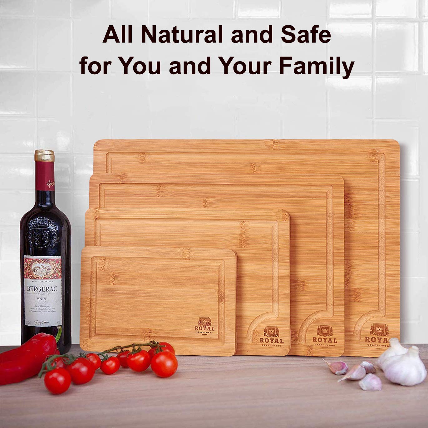 Organic Bamboo Cutting Board with Juice Groove (Set of 3) - Kitchen Cutting Board Meat (Butcher Block) Cheese and Vegetables | Antibacterial Heavy Duty Serving Tray with Handle