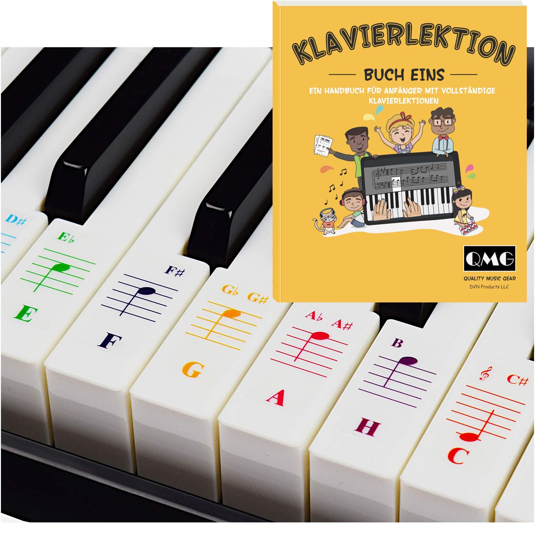 Color Piano and keyboard stickers and complete piano lesson book: (German musical notation)