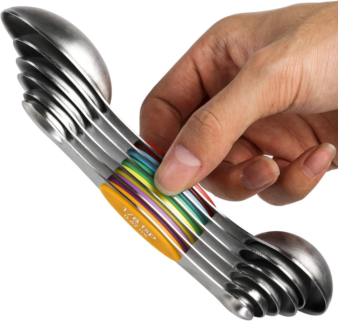 KONSANYMagnetic Measuring Spoons Set Stainless Steel Stackable Dual Sided Teaspoons and Tablespoons for Measuring Dry and Liquid Ingredients Set of 6 (Measuring Spoons Multi)