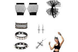 80s Women’s Costume Set – 3 Punk Leather Bracelets, Fishnet Gloves, Lace Headband, Cross Necklace & Earrings, Retro Accessori