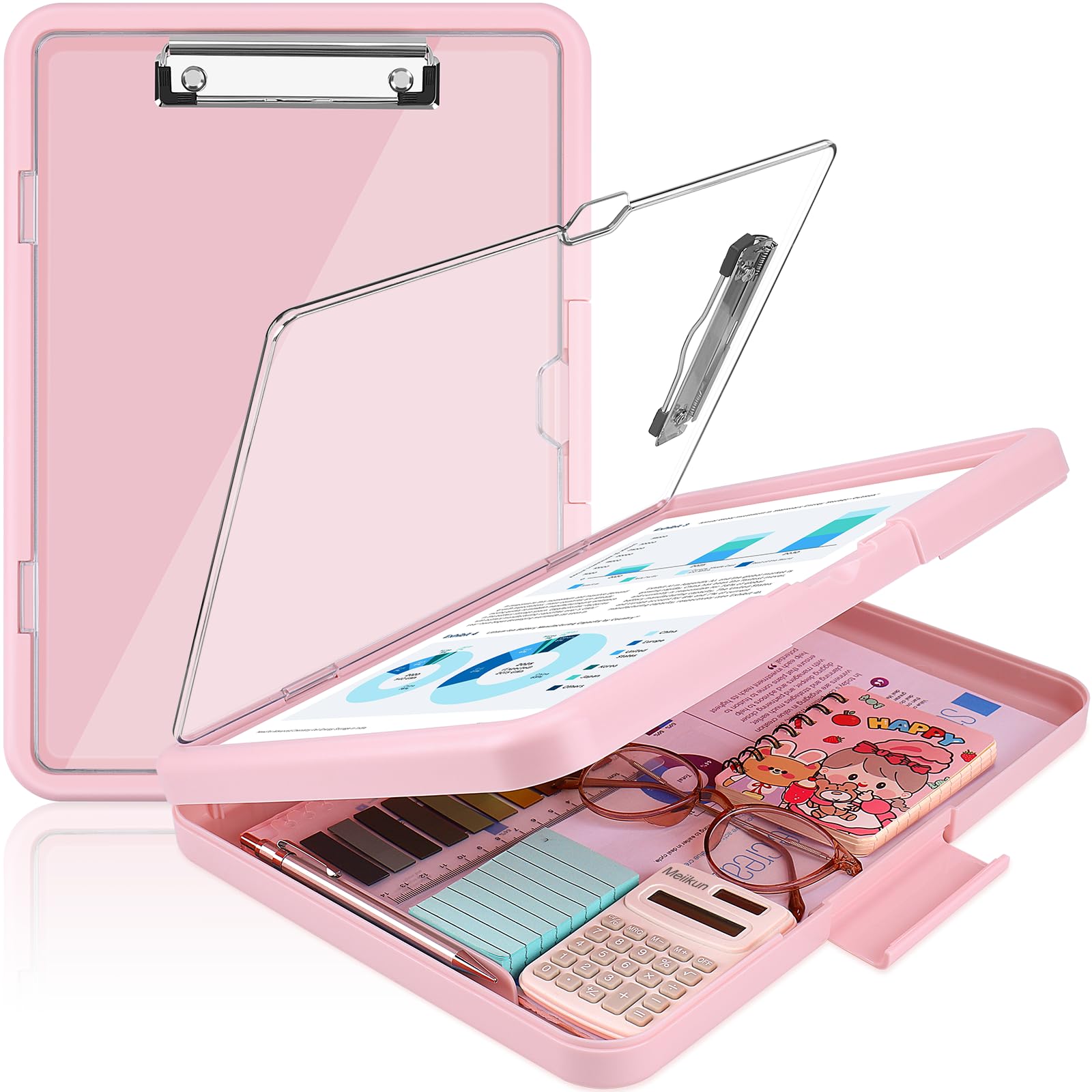 Photo 1 of Meiikun Clipboard with Storage, Clip Boards 8.5x11 with Dual Storage, Plastic Clipboards Clear Visible Dry Erase Top Panel, High Capacity Clip Board Organizer for Work School Office (Light Pink)
