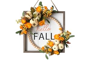 Tempus Artificial Fall Wreath for Front Door, 12’’Hello Fall Sign Autumn Wreath Harvest Wreath Wooden Square with Pumpkin Flowers and Leaves for Outside Indoor Wall Window Festival Thanksgiving Decor