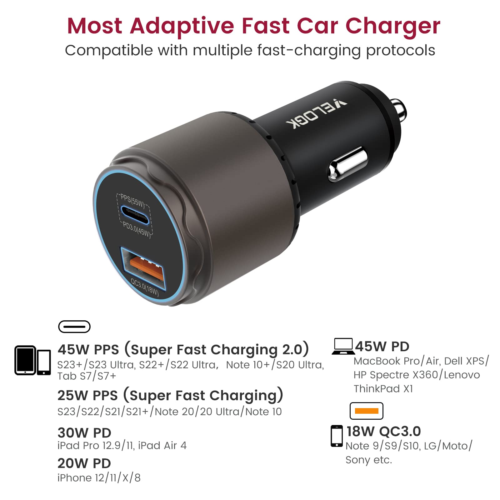 VELOGK Super Fast Type C Car Charger [73W Turbo], Fast Adaptive 55W 45W PPS/PD&QC3.0 USB C Car Adapter[Super Fast Charging 2.0] for Samsung S25 Ultra/S24 Ultra/S23 Ultra/S22+/S21/S20,iPad Pro,MacBook