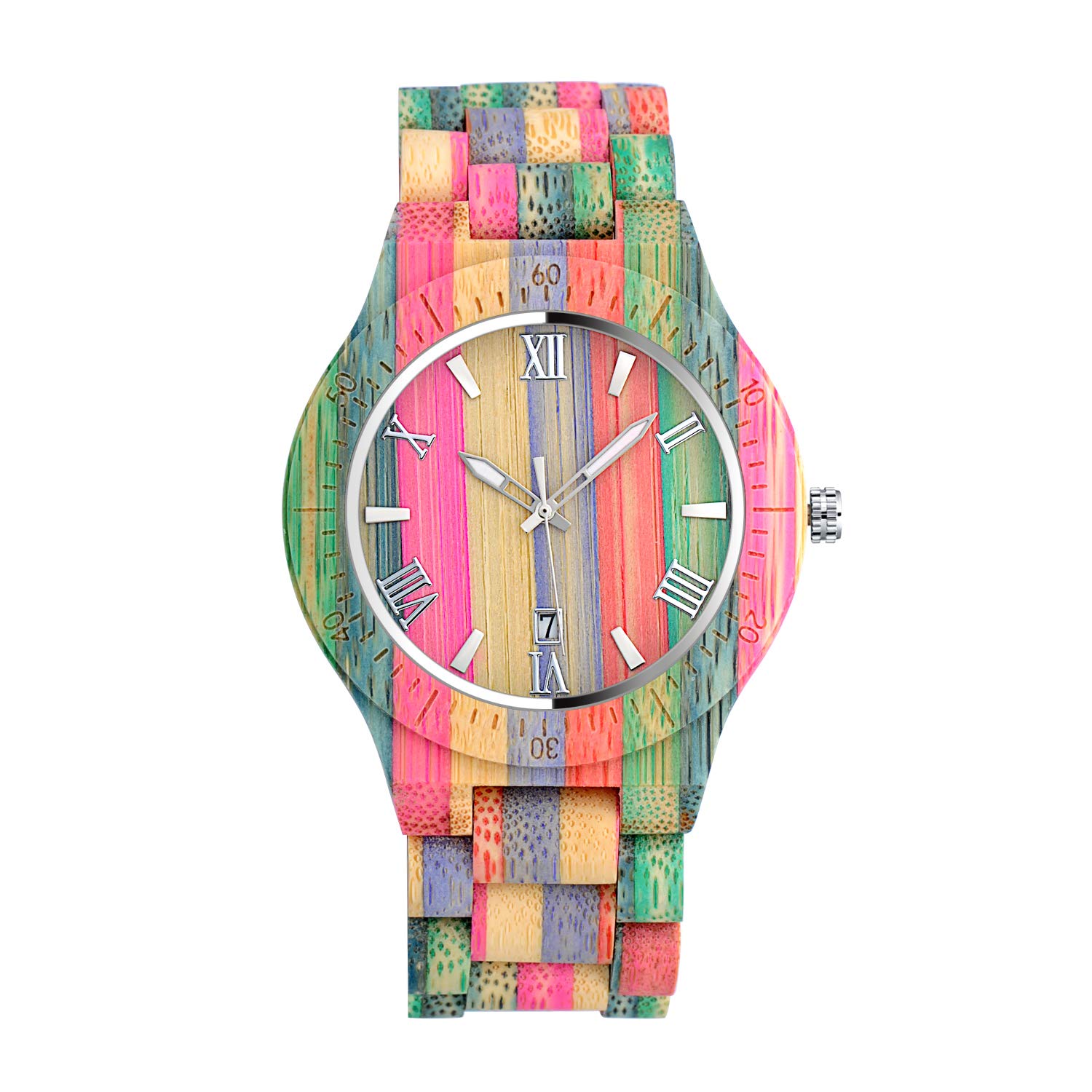 Unendlich U Men's Women's Color Bamboo Wood Wrist Watches, Couple Watches, Minimalist Fashion Quartz Watch, Rainbow Watch, Wood Band