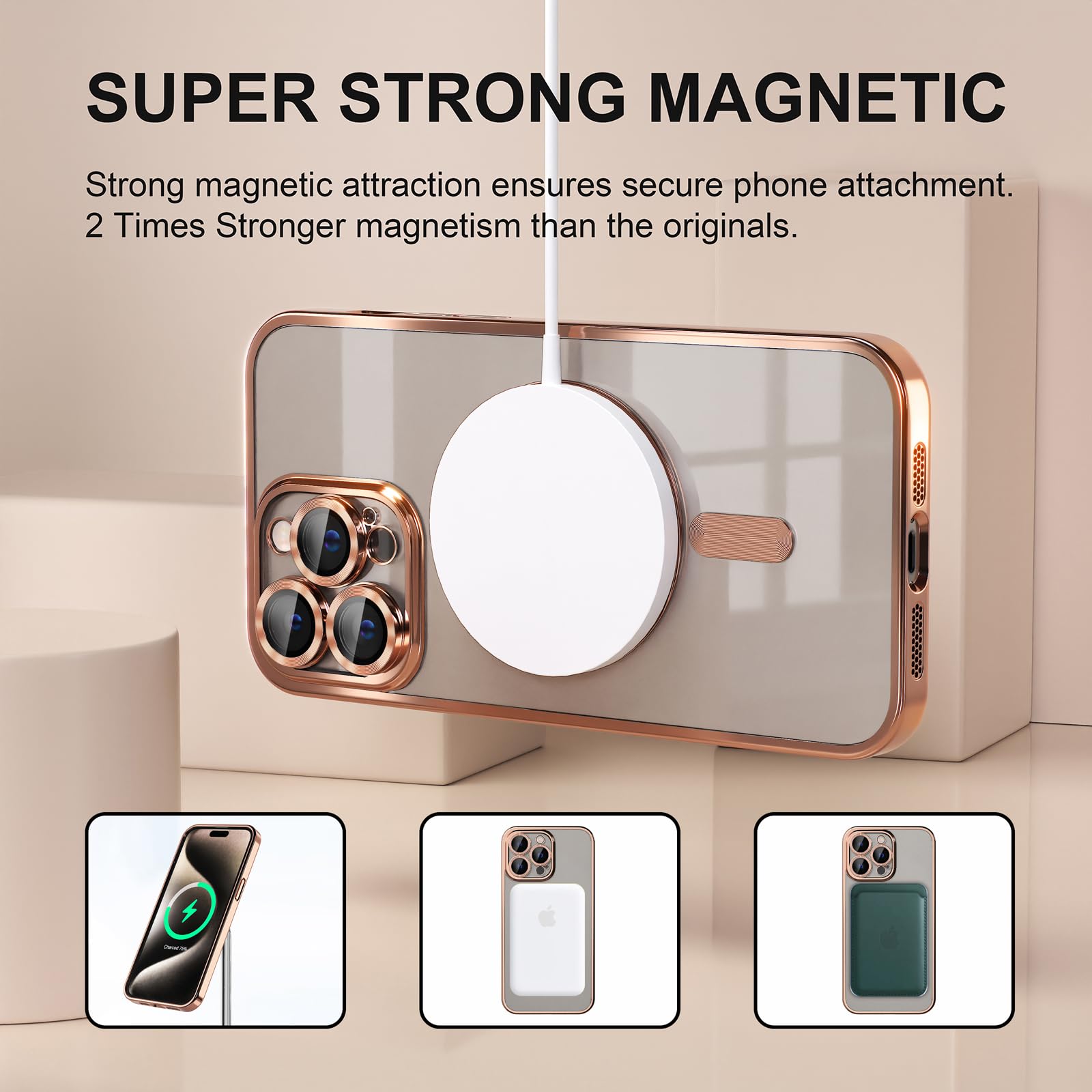 Misea Magnetic for iPhone 15 Pro Max Case with MagSafe [Never Yellowing] [Military Grade Drop Protection] Full Camera Lens Protector Plating Soft Clear Phone Case for Women Girls, Gold - Image 5