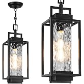 BesLowe 15&rdquo; Outdoor Pendant Light, Modern Hanging Lantern with LED Bulb | Durable Metal &amp; Water Ripple Glass, Waterproof, Rust-Resistant, Outdoor Chandelier for Porch, Gazebo