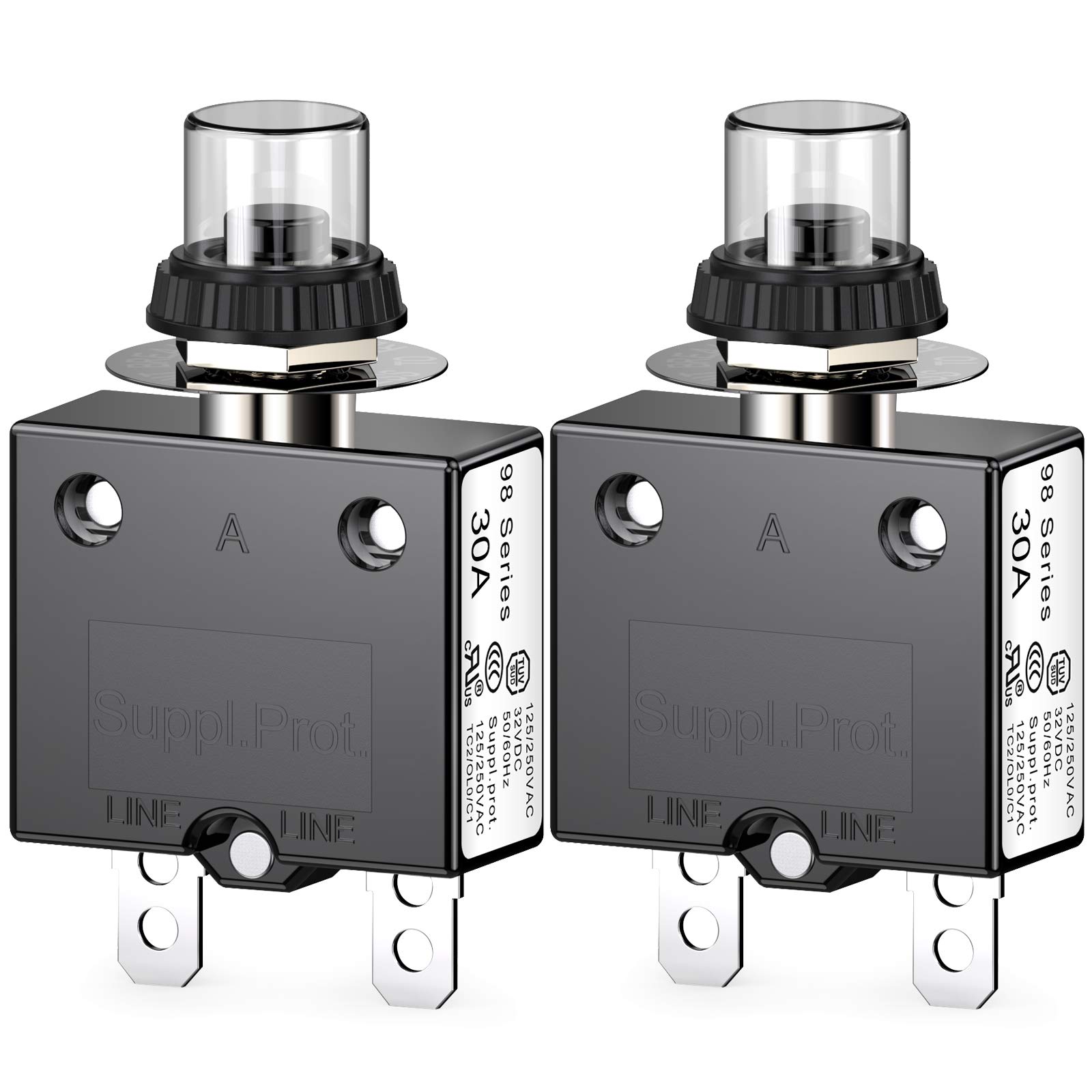 CLDIY Thermal Circuit Breaker 98 Series 30A 125/250VAC Push Button Reset for Circuit Breaker with Quick Connect Terminals and Waterproof Button Cover 32VDC Pack of 2