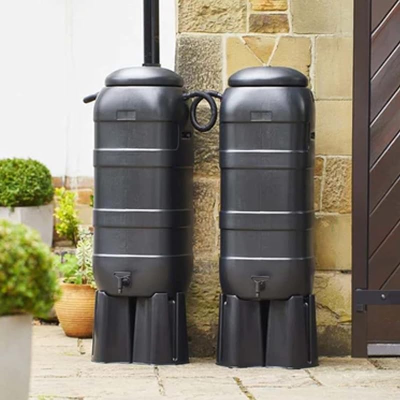 Pluto Packaging 2 x Black Slim Line 100L Water Butts with Stands & Filler Kits