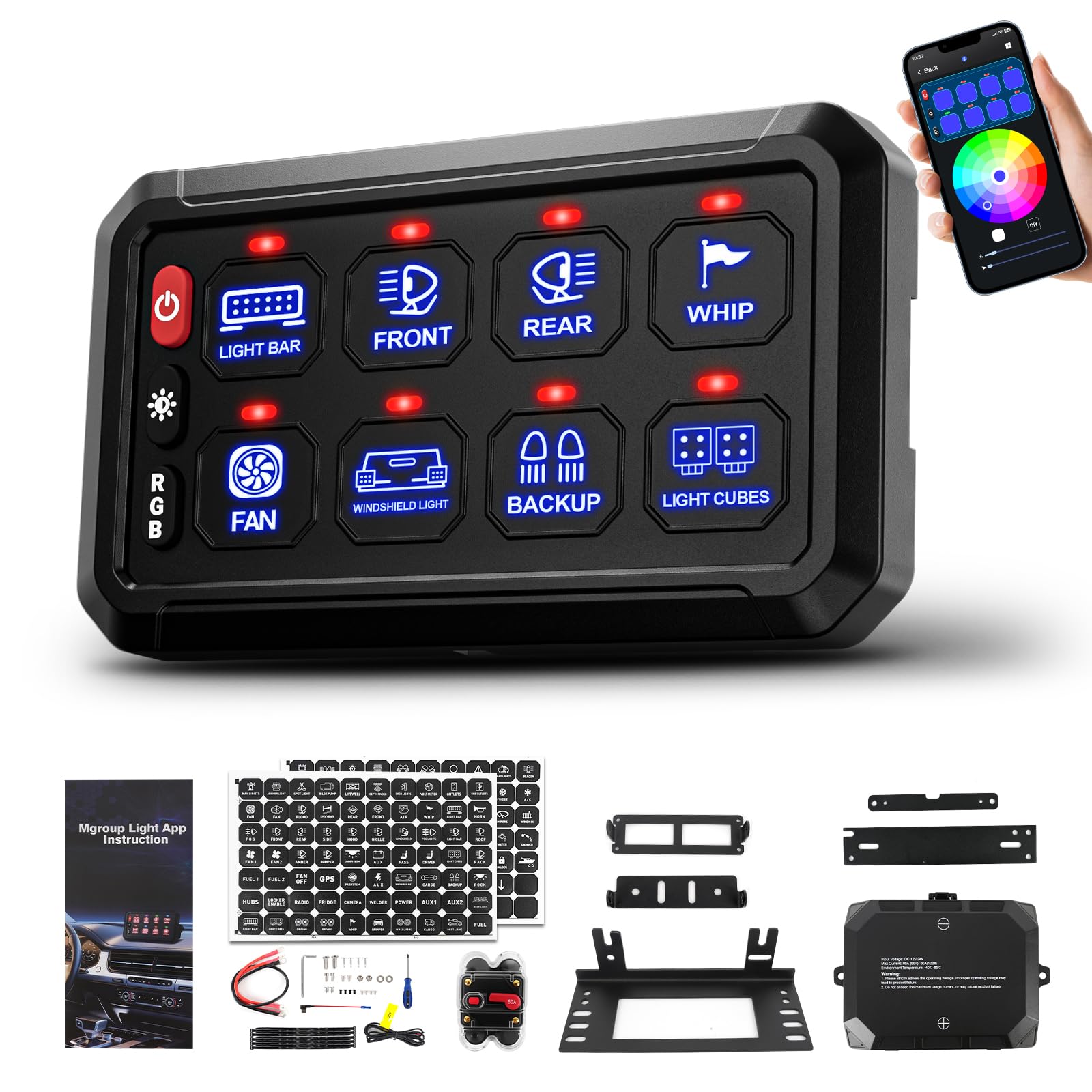 Photo 1 of SUPAREE 8 Gang Bluetooth RGB Switch Panel,Toggle Momentary Flash Strobe Memory Function Auxiliary Switch Panel,Waterproof Circuit Control Relay System Box Universal for Truck ATV SUV UTV Boat