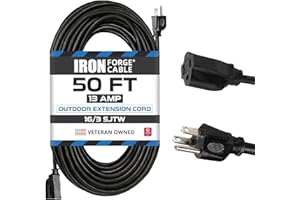 Iron Forge Cable 50 Ft Black Outdoor Extension Cord, 16/3, 50 Foot Outdoor Extension Cord, 3 Prong, Weatherproof - Great for Outside Use
