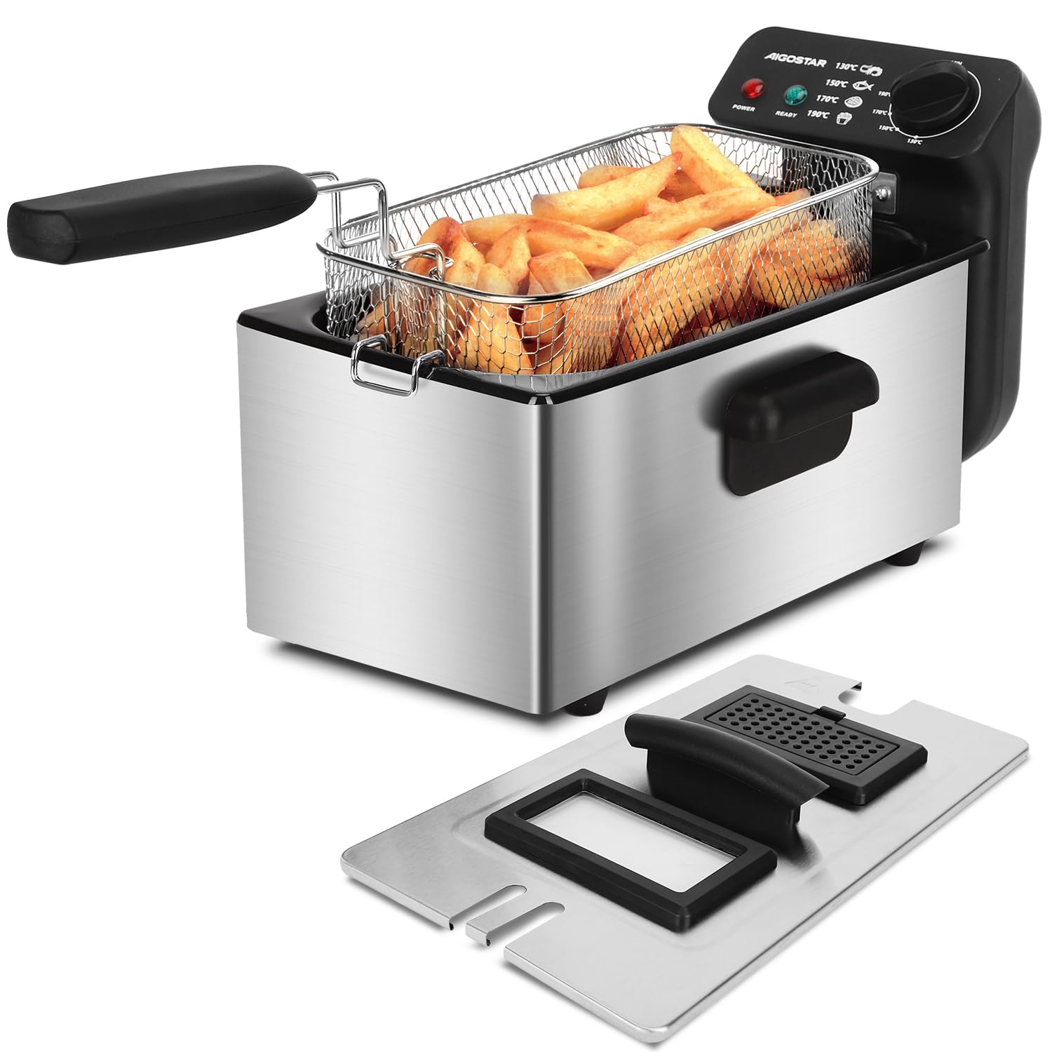 Aigostar Deep Fat Fryer 2200W, 3 Litre Deep Fryer Easy Clean, with Viewing Window, Stainless Steel, Temperature Control, Removable Oil Basket, Silver - Ushas 30JPN