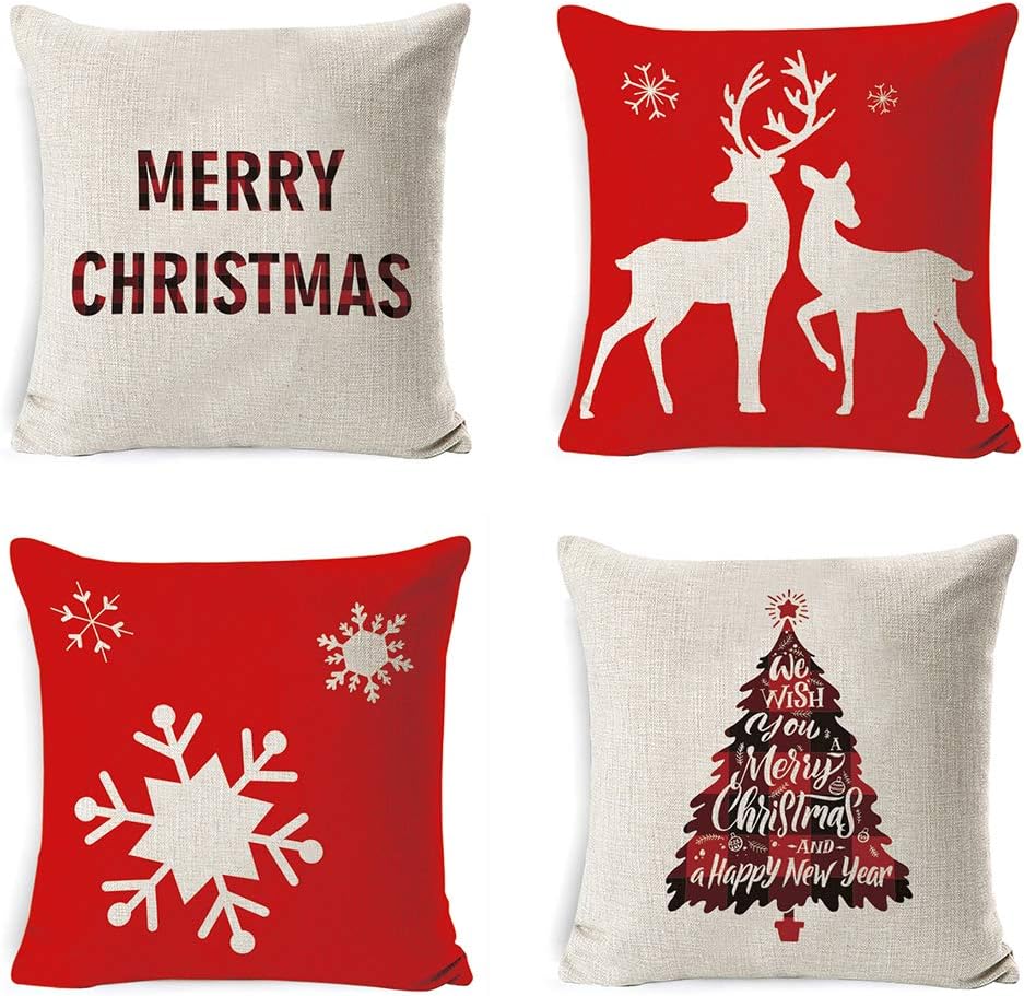 AODOOR Christmas Pillow Covers 18x18 set of 4,Holiday Throw Pillow Covers Cotton Linen Deer Tree Snowflake Holiday Cushion Case Square Home Decor