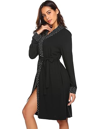 Morgenmantel Damen Kimono Langarm Schlafmantel Bademantel Dünn Leicht Knielang Robe Saunamantel Mit Polka Punkten