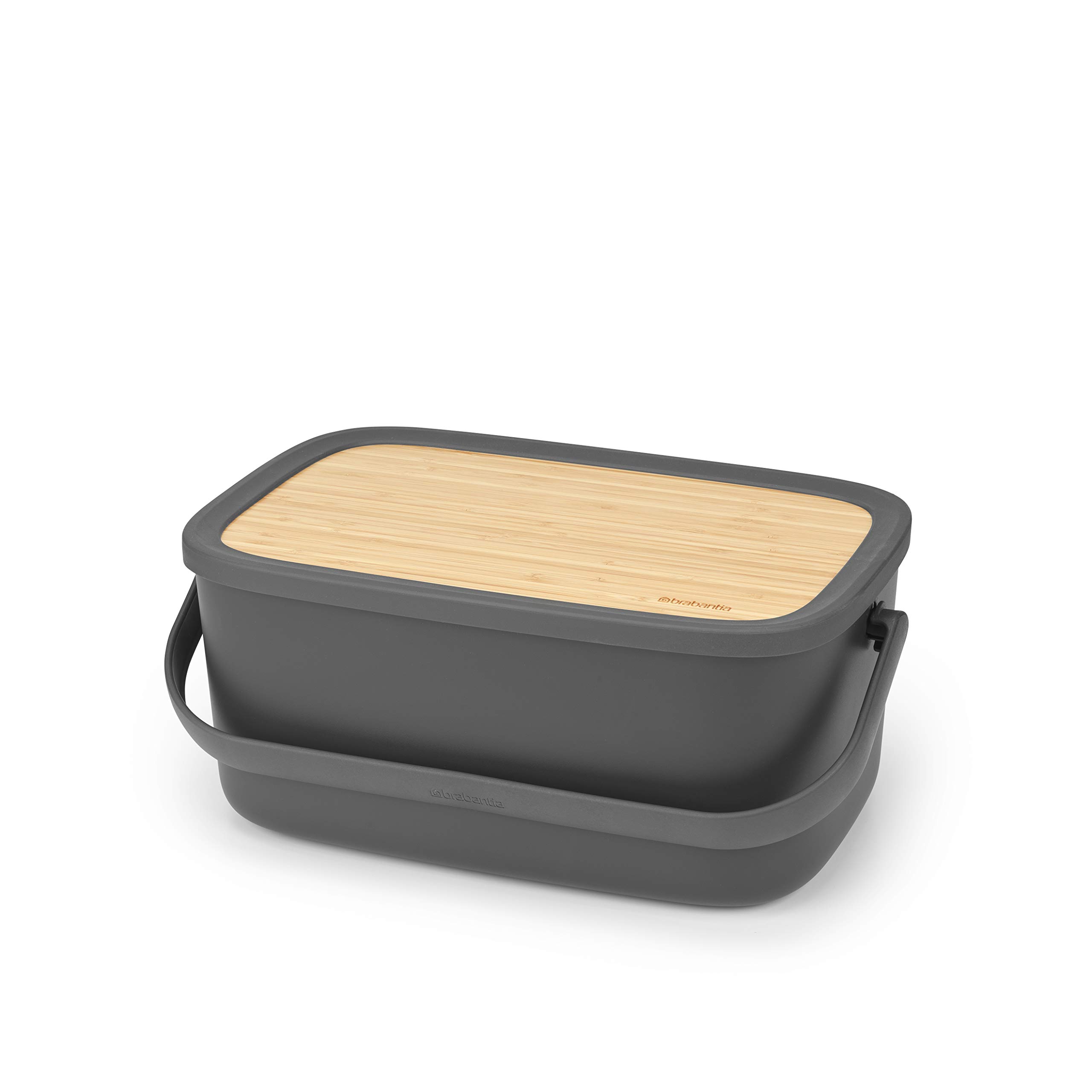 Brabantia Large Bread Bin with Wooden Serving Board and Handle - Dark Grey