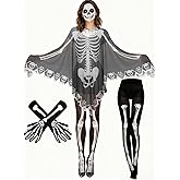 BOARDFEB 3Pcs Women's Skeleton Halloween Costume, Skeleton Cape Poncho Footed Tights Long Arm Gloves Lace Cape Shawl for Halloween Costume Party Cosplay