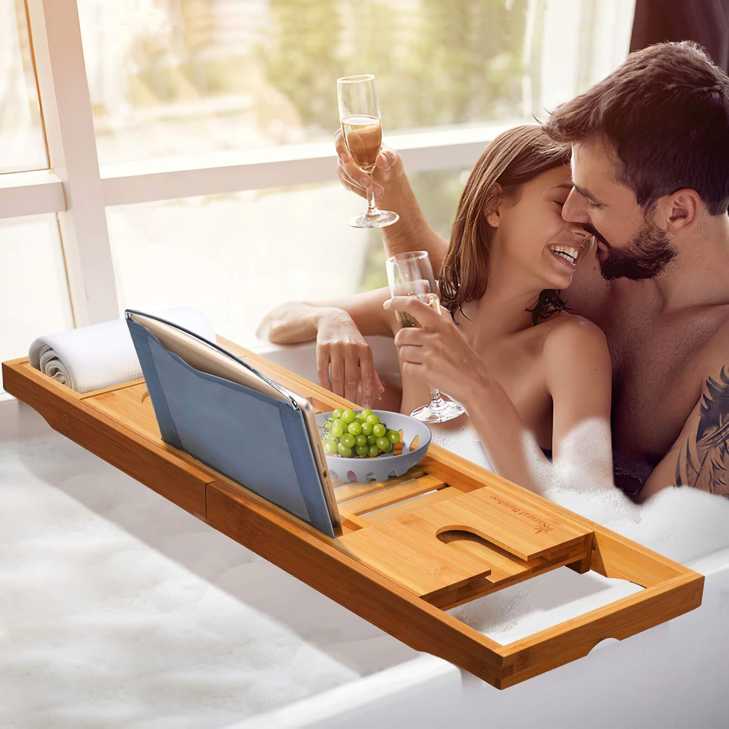 Bamboo Bath Tray Bathtub Caddy | Natural Bamboo Extendable Bath Bridge Tray Shelf for Luxury Bath with Book Holder for Smartphone Mug Wine Glass Pad Soap | Fits Most Bath Sizes (70-105) x22.5x4.5cm: Kitchen & Dining