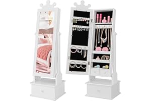 Costzon Kids Jewelry Armoire Cabinet, 45” Standing Jewelry Organizer with Full-Length Mirror, 3 Storage Drawers, Kids Vanity Dress Up Mirror Jewelry Cabinet for Girls (White)