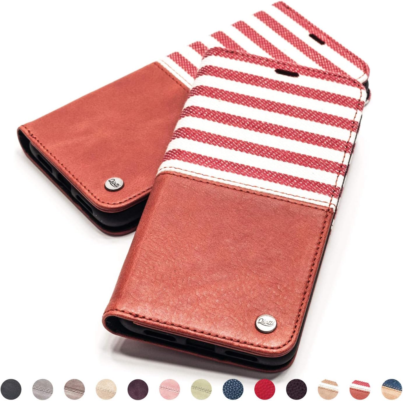 QIOTTI Genuine Leather Case compatible with iPhone 6s Plus iPhone 6 Plus Wallet Flip Kickstand Card Holder and RFID NFC protection (Line Red)