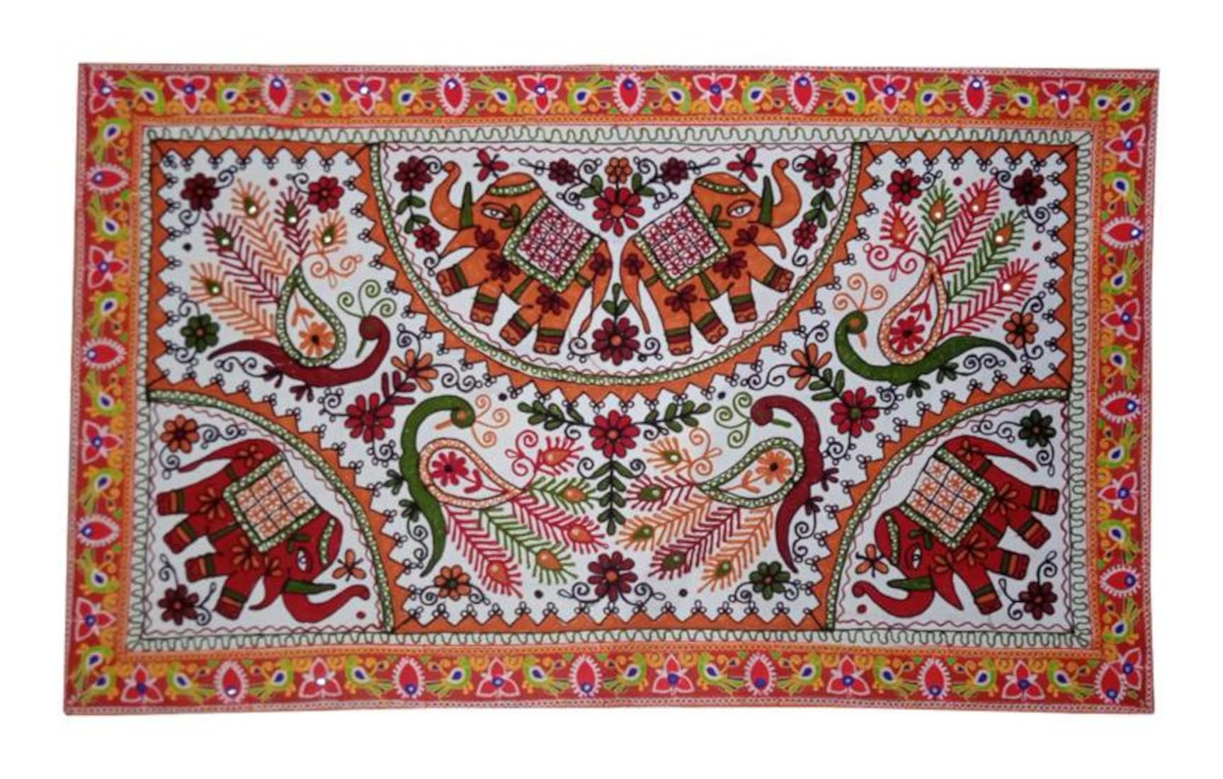 Purpledip Cotton Tapestry 'Elephant's Pride': Vintage Embroidery Table Cover Or Wall Hanging (11271A)