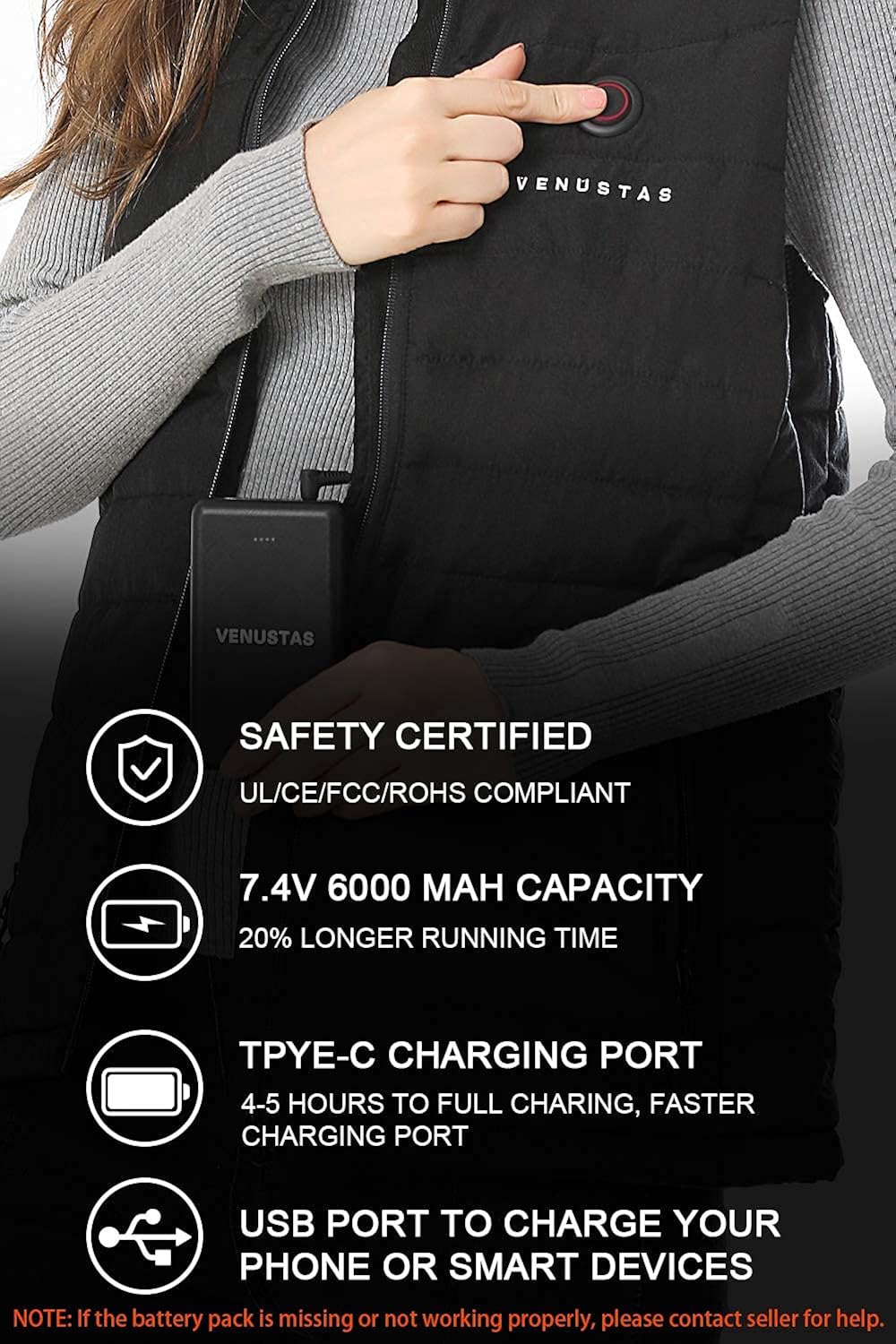 Venustas Women's Heated Vest with Battery Pack 7.4V, Heated clothes for women: Clothing