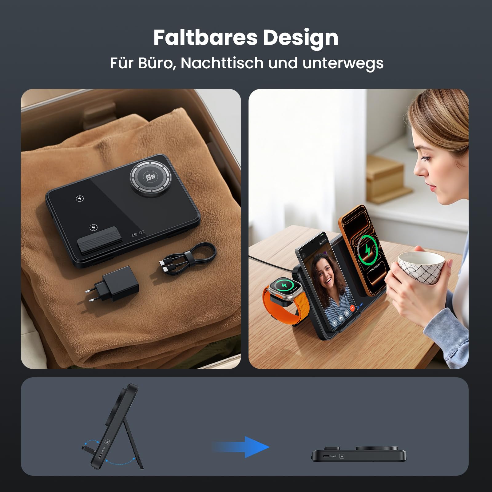Dual Induktive Ladestation für iPhone & Samsung – Faltbarer 4-in-1 Wireless Charger mit Nachtlicht für Apple Watch & AirPods, reisefreundlich, inkl. PD 30W Adapter, Schnellladen kompatibel 4