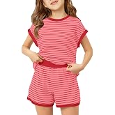 Haloumoning Girls Summer Outfits Striped 2 Piece Lounge Set Clothing Sets | Striped T-Shirts, Elastic Waist Knit Shorts, Kids Casual Summer Clothing Sets 5-14 Years