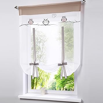 HongYa Raffrollo Bindegardine Eule Bestickte Küche Gardine Transparenter Vorhang Voile mit Tunnelzug H/B 140/60 cm Sand