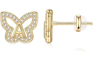 Anoup Butterfly Earrings for Girls - Sterling Silver Post Earrings, 14K Gold Plated Throughout Hypoallergenic | CZ Simulated Diamond Stud Earrings | Cute Jewelry Gifts for Teen Girls Toddler Kids